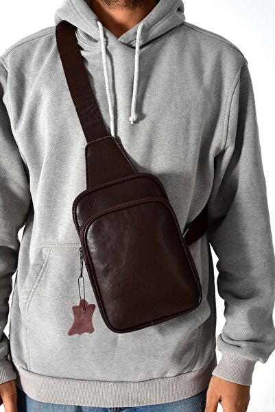 tuldar Ανδρική τσάντα στήθους και ώμου σε καφέ γνήσιο δέρμα με μαλακή υφή με θήκη για πορτοφόλι τηλεφώνου