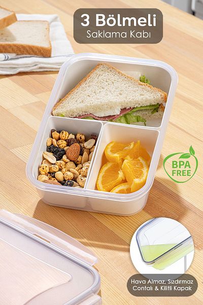 Meleni Home Rectangular 3-Compartment Portable Storage Container with Lid - Breakfast Diet and Lunch Box