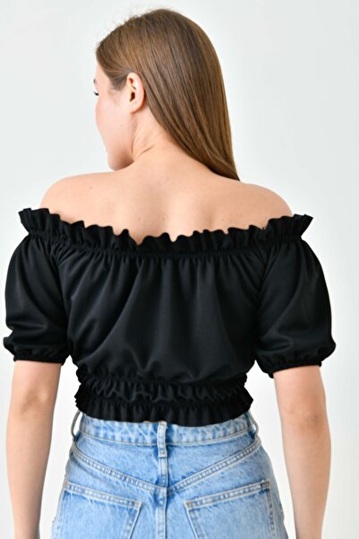 lovebox Černá plodinová halenka Carmen Collar Gathered – krepová látka, krátký rukáv 5027