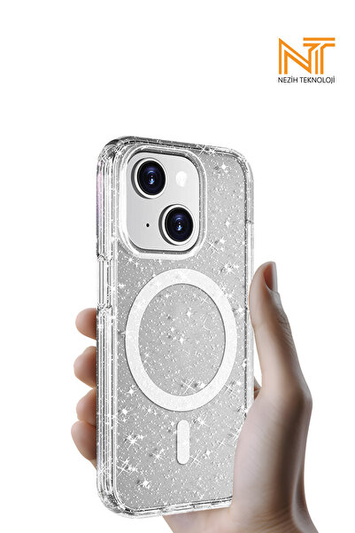 Nezih Case Apple iPhone 14 Magsafe Şarj Özellikli Parlayan Simli Saydam Renkl...