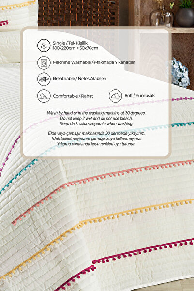 Evlen Home Collection Nova Renkli Ponponlu %100 Pamuk Tek Kişilik Yatak Örtüsü ( Pike ) Takımı