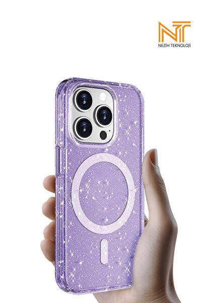 Nezih Case Apple iPhone 15 Pro Magsafe Şarj Özellikli Parlayan Simli Saydam R...