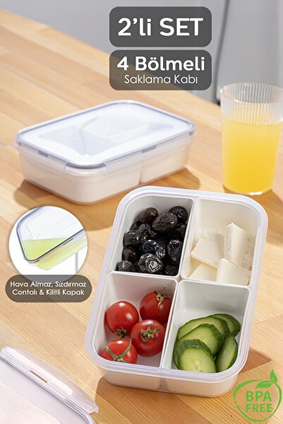 Meleni Home 2'li 4 Bölmeli Kapaklı Dikdörtgen Saklama Kabı - Taşınabilir Kahv...