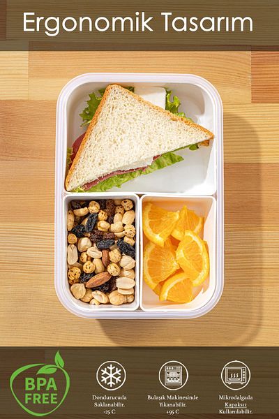 Meleni Home Rectangular 3-Compartment Portable Storage Container with Lid - Breakfast Diet and Lunch Box