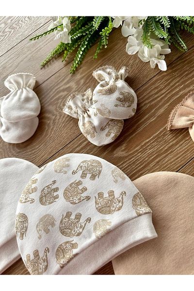 Renkli Puset Organic Set of 6 Newborn Baby Gloves and Hats Elephant