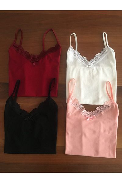 LEYNA BUTİK Damen-Unterhemd aus Baumwoll-Lycra-Spitze mit V-Ausschnitt, 4er-Pack, Marineblau, Lila, Weiß, Rosa