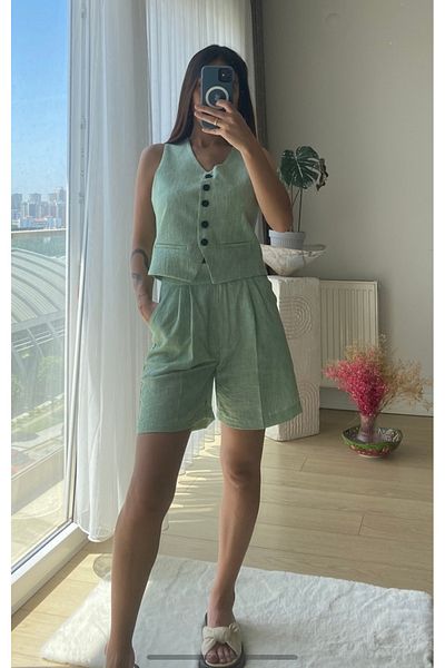 cn novembersun Green Linen Women's Vest and Shorts Set