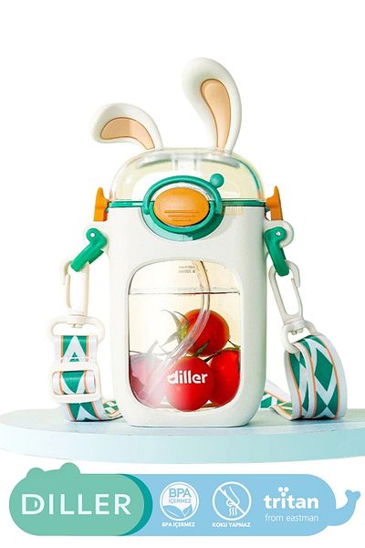 DILLER New Collection 400ml Tritan Cute Water Bottle with Straw - Rabbit Ear Hanging Children's Water Bottle