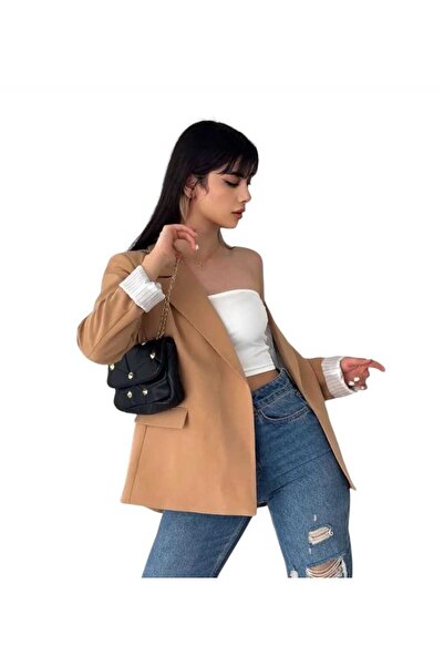 NILOO Kadın Blazer Düğmesiz Cepli Çizgili Astarlı Katlanılabilir Kol Blazer Ceket