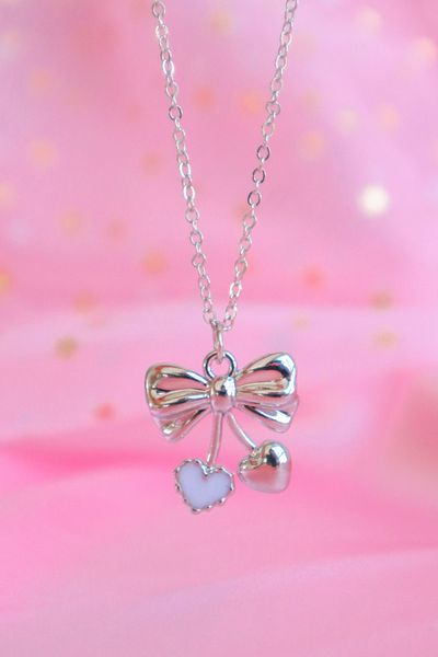 EFBUTİK White Stoned Heart Bow Silver Chain Imported Necklace
