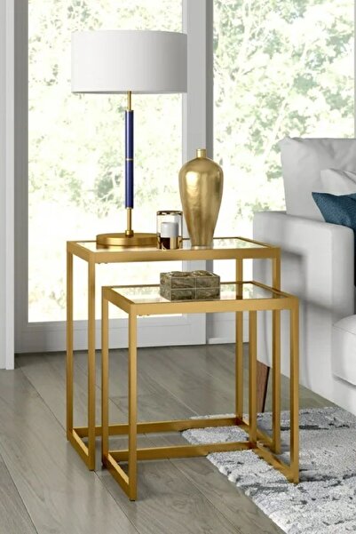 TOLIAHOME Modern Gold Renk Metal İskeletli Temper Camlı Zigon Sehpa Yan Sehpa