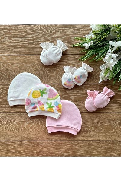 Renkli Puset Organic 6-Piece Newborn Baby Gloves Hat Set Cupcake