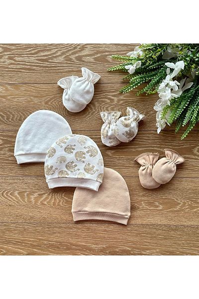 Renkli Puset Organic Set of 6 Newborn Baby Gloves and Hats Elephant