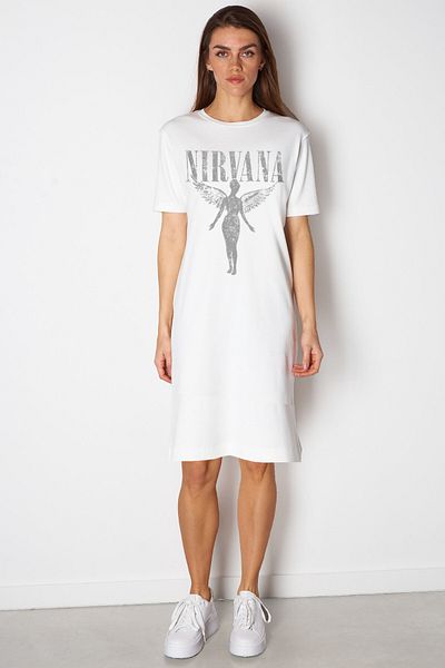 ROCKANDROLL Angel Nirvana White Crew λαιμόκοψη κοντό μανίκι πάνω από το γόνατο Μεσαίο χτενισμένο βαμβακερό φόρεμα