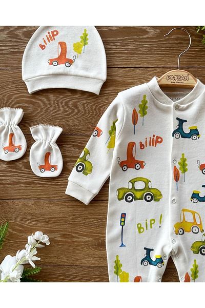 PATSAN Organic Cotton 3-Piece Newborn Set with Gloves and Hat and Booties Baby Rompers Set Cars