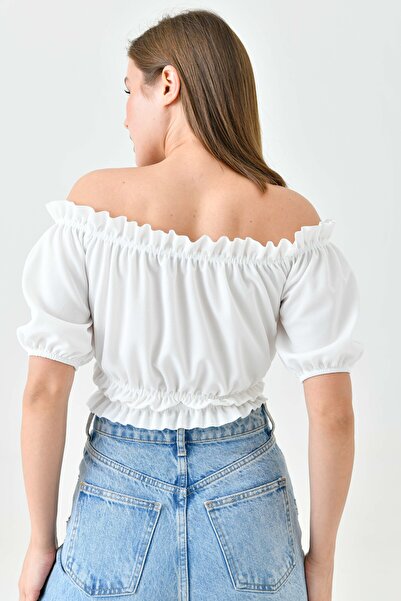 WOMAN VISION Dámská bílá krepová tkanina Madonna límec se stahovací šňůrkou a šněrovacím designem Krátký rukáv Crop halenka 5027