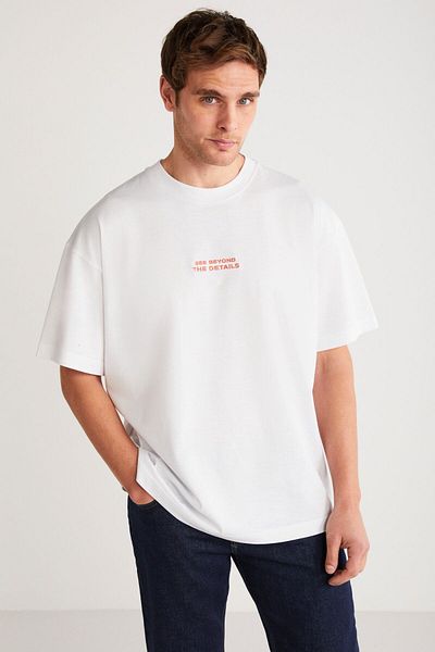 GRIMELANGE Vıto Men's - Embroidery Text Detailed, 100% Organic Cotton, Oversize Short Sleeve White T-Shirt