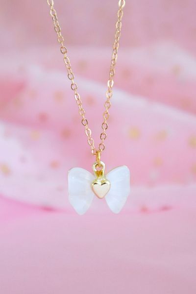 EFBUTİK White Bow Imported Necklace with Gold Colored Chain