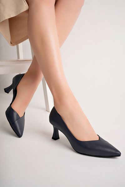 Deripabuc Navy Blue Genuine Leather Women's Heeled Shoes - Trc-92281