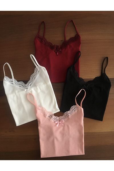 LEYNA BUTİK Damen-Unterhemd aus Baumwoll-Lycra-Spitze mit V-Ausschnitt, 4er-Pack, Marineblau, Lila, Weiß, Rosa