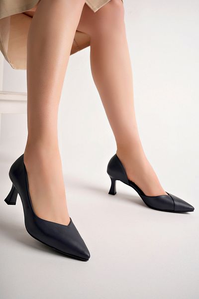 Deripabuc Navy Blue Genuine Leather Women's Heeled Shoes - Trc-92281
