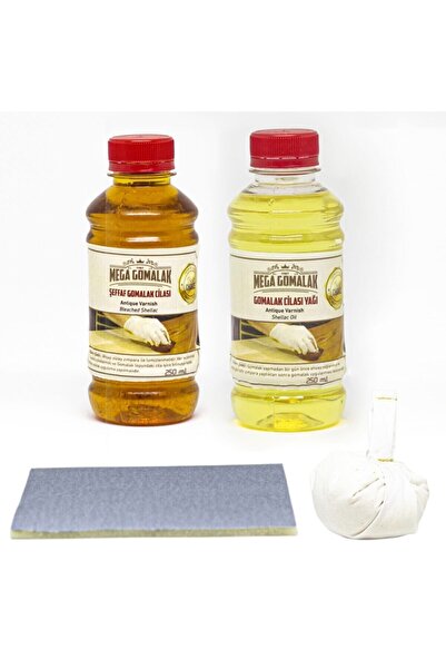 Mega Gomalak Doğal Ahşap Cila Seti Şeffaf Gomalak 250 ml + Cila Yağı 250 ml + Sürme Topu + Zımpara