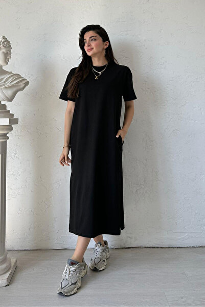 My Blog Siyah Bisiklet Yaka Cepli T-shirt Elbise