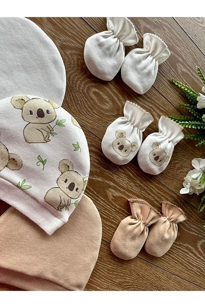 Renkli Puset Organic Set of 6 Newborn Baby Gloves and Hats Koala Green