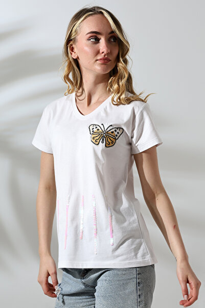 Laderra Butterfly Patterned Sequin V-Neck T-Shirt