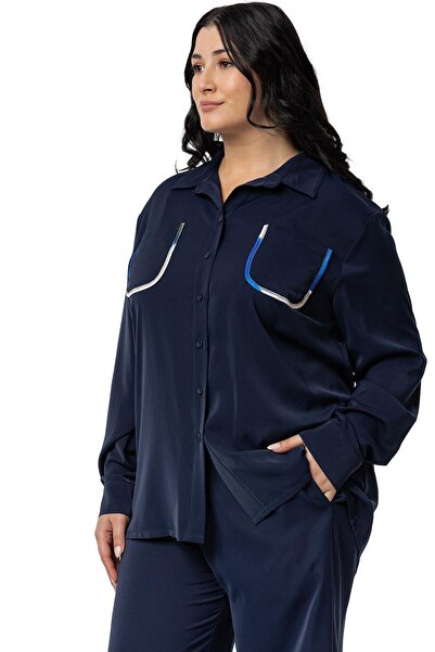 DISENTIS MODEST Navy Blue Large Size Piping Detailed Shirt and Trousers Set