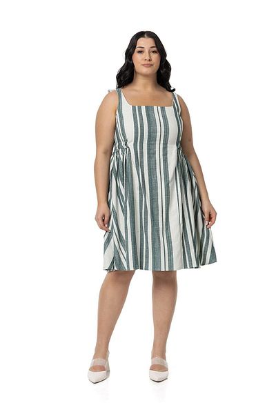DISENTIS MODEST Rochie mini din in verde - Marime Plus, Detaliu cu strângere laterală și cravată la spate