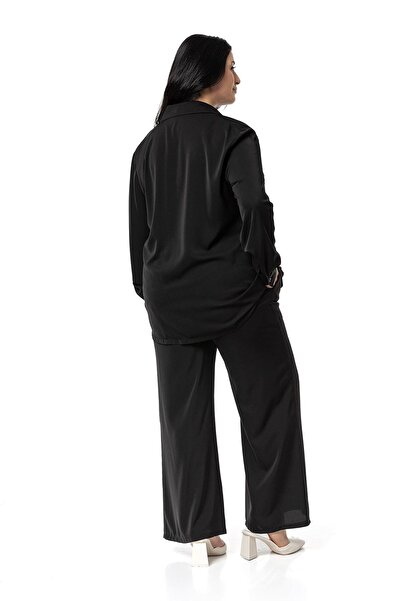 DISENTIS MODEST Plus Size Black Shirt and Trousers Set - Piping Detail