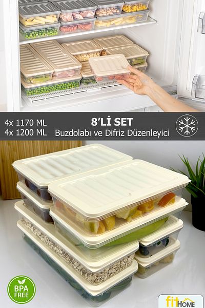 FİTHOME Refrigerator and Freezer Organizer Set of 8 Airtight Storage Containers 4X1170Ml 4X1200Ml