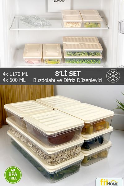 FİTHOME 8 Pack Refrigerator and Freezer Organizer Storage Container Deep Freezer Organizer 4X1170 ml 4X600 ml