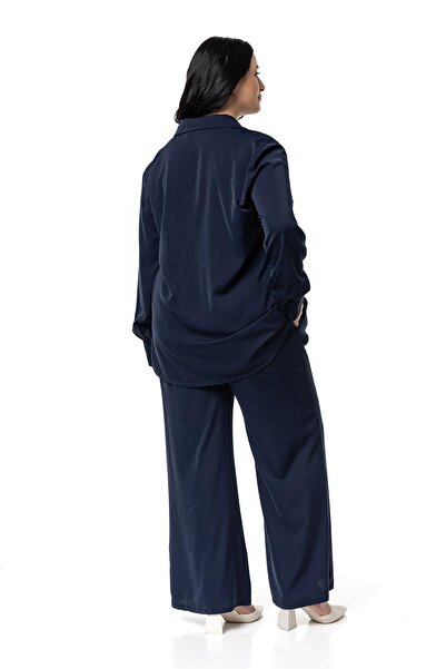 DISENTIS MODEST Navy Blue Large Size Piping Detailed Shirt and Trousers Set
