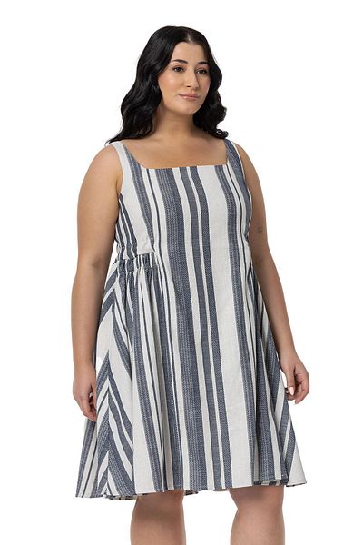 DISENTIS MODEST Μίνι φόρεμα Navy Blue Linen - Plus Size, Side Gather and Tie Back Λεπτομέρεια