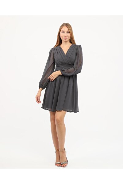 Asees Kruvaze Yaka Korsajlı Büzgülü Şifon Elbise