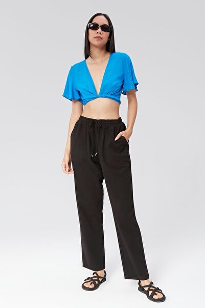 MONAHA Women's Black High Waist Elastic Waist Linen Look 100% Cotton Trousers