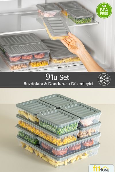 FİTHOME Set of 9 Deep Freezer Organizer Airtight Storage Containers 1X2400Ml 2X1170Ml 2X1200Ml 2X600Ml