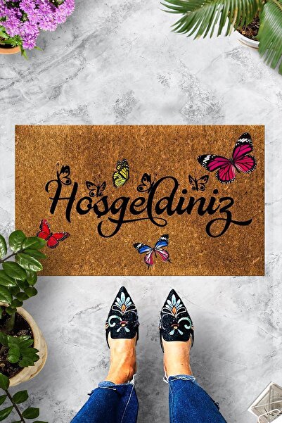 Evsebu Home Hoşgeldiniz Kelebek Dekoratif Çok Amaçlı Iç ve Dış Kapı Paspası