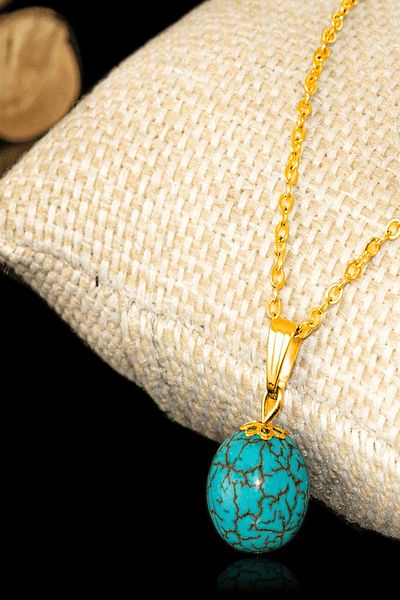 Tesbih Atölyesi Gold Globe Model Turquoise - Certified Stone Necklace (Turquoise Stone)