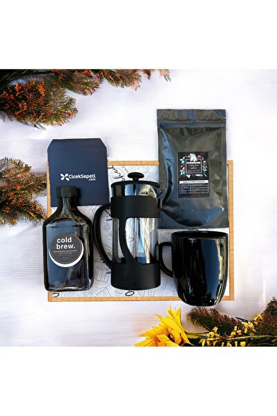 onehediye Cold Brew Filtre Kahve French Press Siyah Kupa Hediye Seti Kutusu