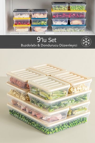 FİTHOME Set of 9 Refrigerator and Freezer Airtight Storage Containers 1X2400Ml 2X1170Ml 2X1200Ml 2X600Ml