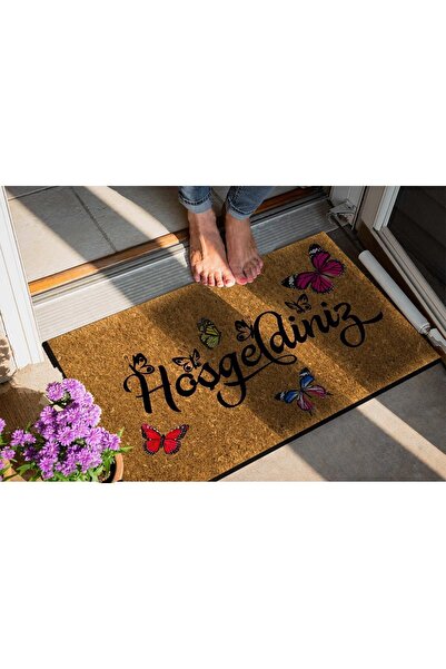 Evsebu Home Hoşgeldiniz Kelebek Dekoratif Çok Amaçlı Iç ve Dış Kapı Paspası