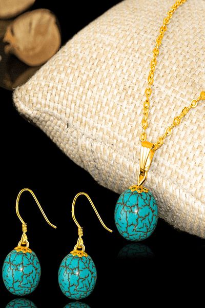 Tesbih Atölyesi Gold Globe Model Turquoise and Turquoise Stone Necklace and Earring Set - Certified