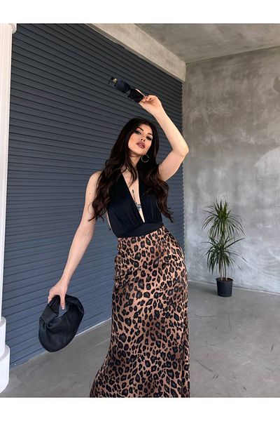 Ekim Store Fusta lungă din satin leopard