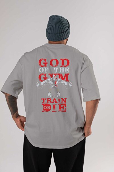Ankhises God of The GYM Μπλουζάκι με στάμπα στην πλάτη, γκρι, oversized, με λ...