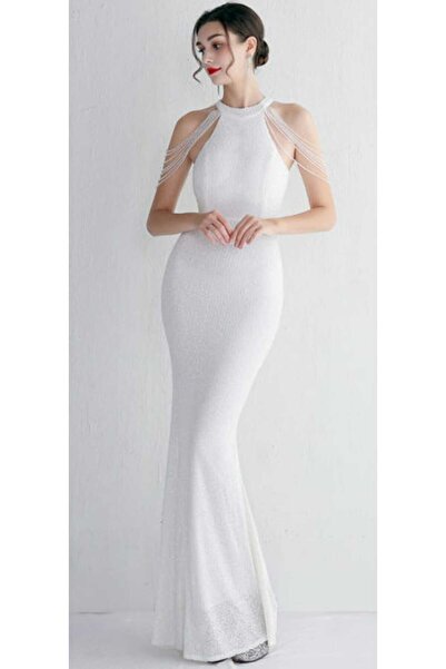 hilaltrendd halter yaka boncuk detaylı abiye elbise