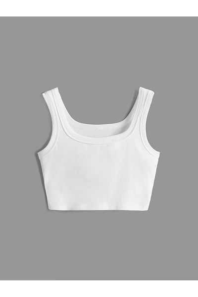 Liona U Yaka Askılı Beyaz Renk Fitilli Crop Top Büstiyer