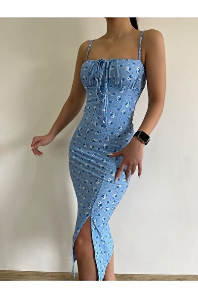 buqre's moda Cvetni dezen Sa prorezom Dnevna haljina sa naramenicama